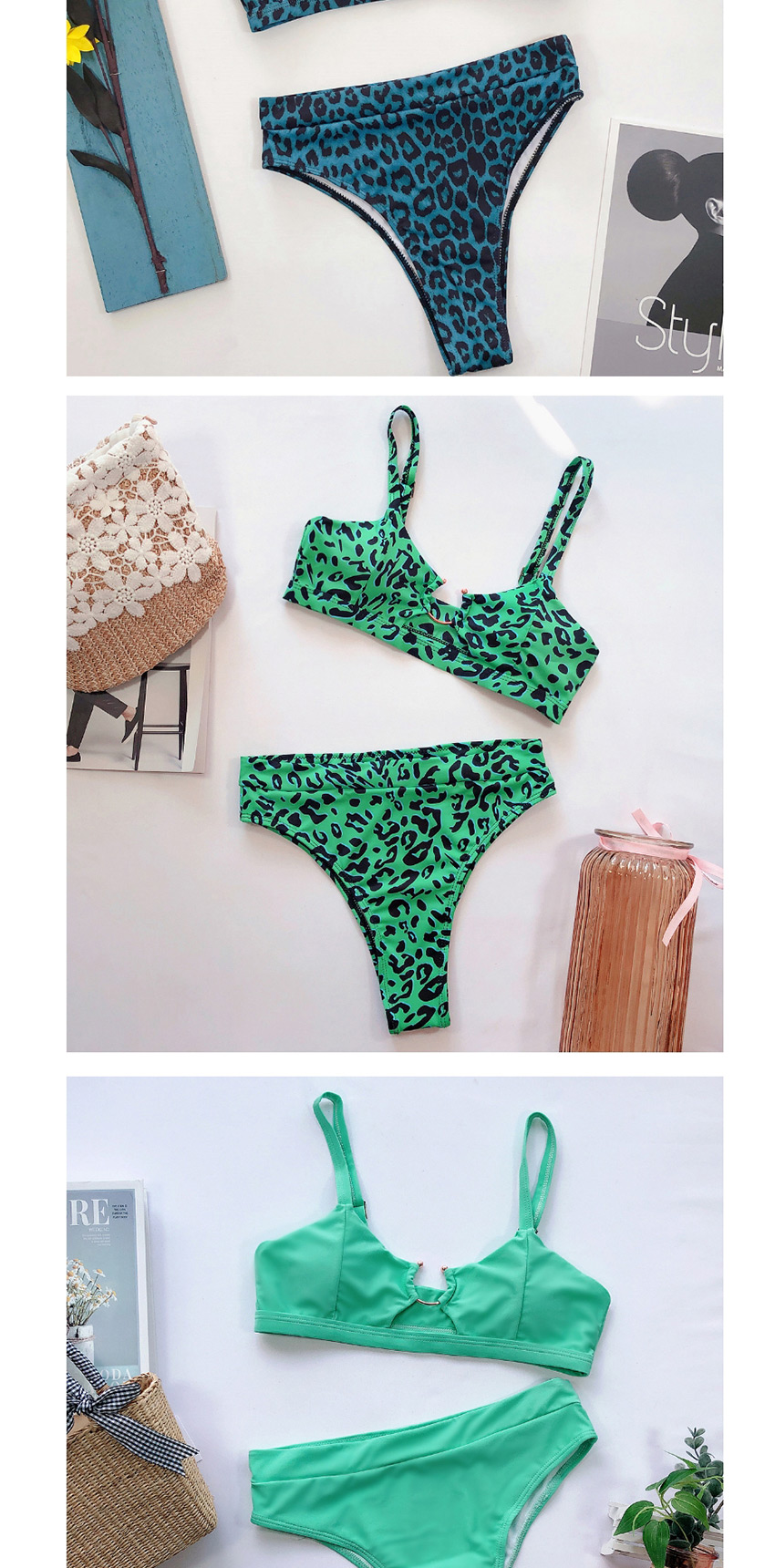 Fashion Blue Leopard Print Leopard-print Metallic Ring-cut High-waist Split Swimsuit,Bikini Sets
