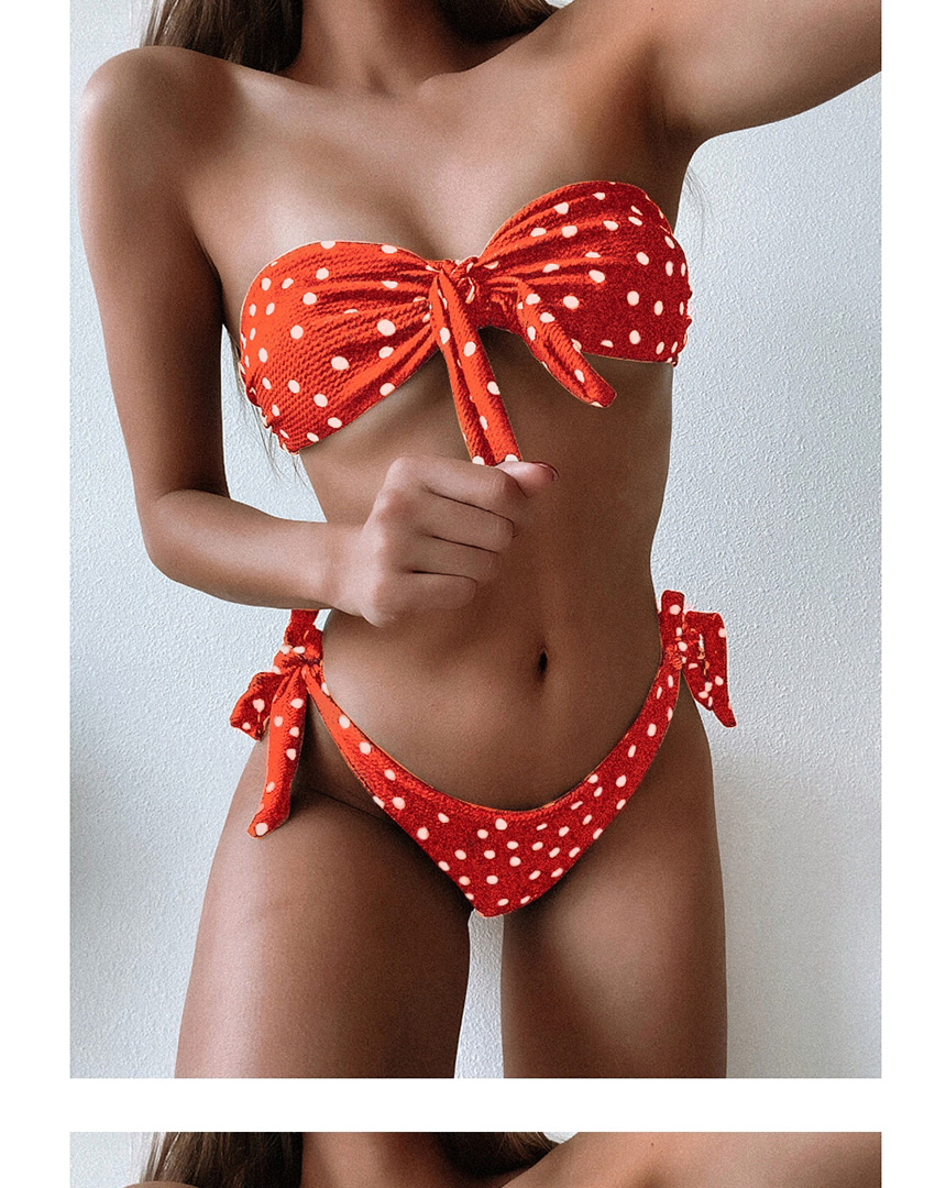 Fashion Orange Polka-dot Print Halter Neckline Strap Split Swimsuit,Bikini Sets