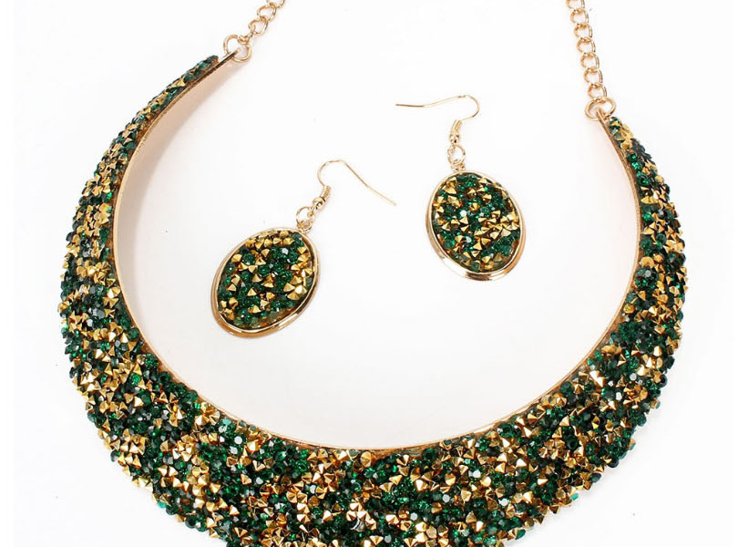 Fashion Green Crystal Metal Fake Collar Necklace Earring Set,Jewelry Sets