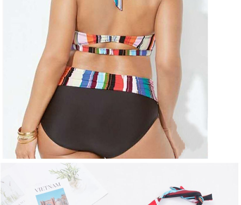Fashion Color Color Stripe Printed Strap Contrast High Waist Split Swimsuit,Swimwear Plus Size