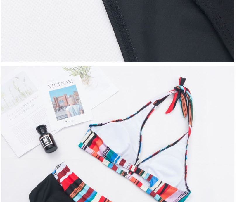 Fashion Color Color Stripe Printed Strap Contrast High Waist Split Swimsuit,Swimwear Plus Size