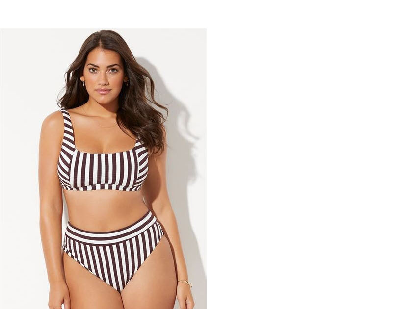 Fashion Black And White Striped Printed Tank Top High Waist Split Swimsuit,Swimwear Plus Size