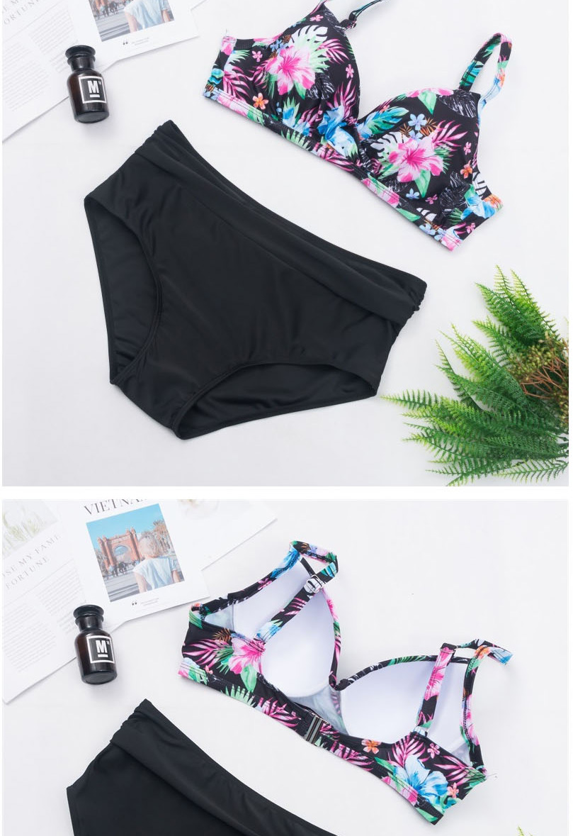 Fashion Black Flower Underwire Gathered Backless Printed Straps High Waist Split Swimsuit,Swimwear Plus Size