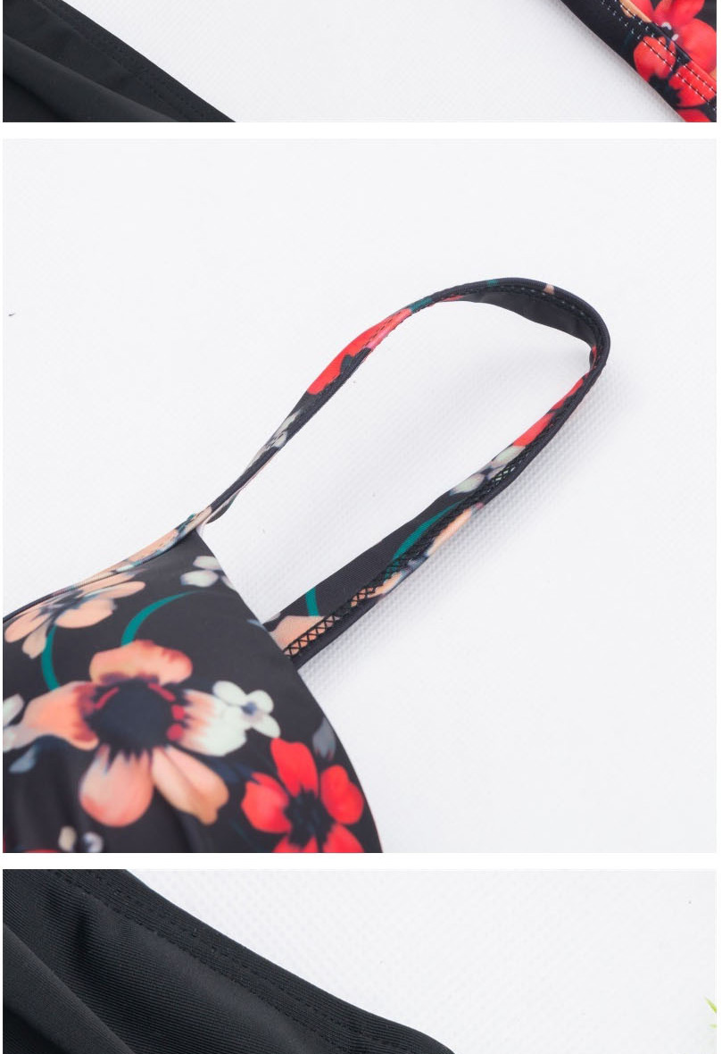 Fashion Black Flower Underwire Gathered Backless Printed Straps High Waist Split Swimsuit,Swimwear Plus Size