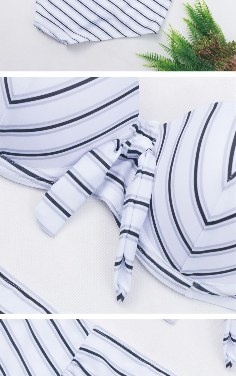Fashion White Printed Gathered Striped Split High-waist Swimsuit,Swimwear Plus Size