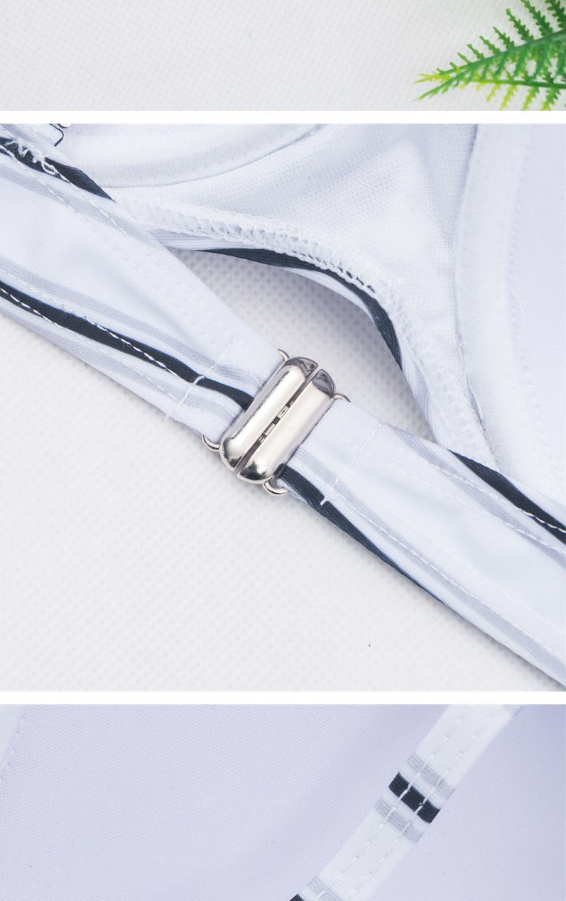 Fashion White Printed Gathered Striped Split High-waist Swimsuit,Swimwear Plus Size