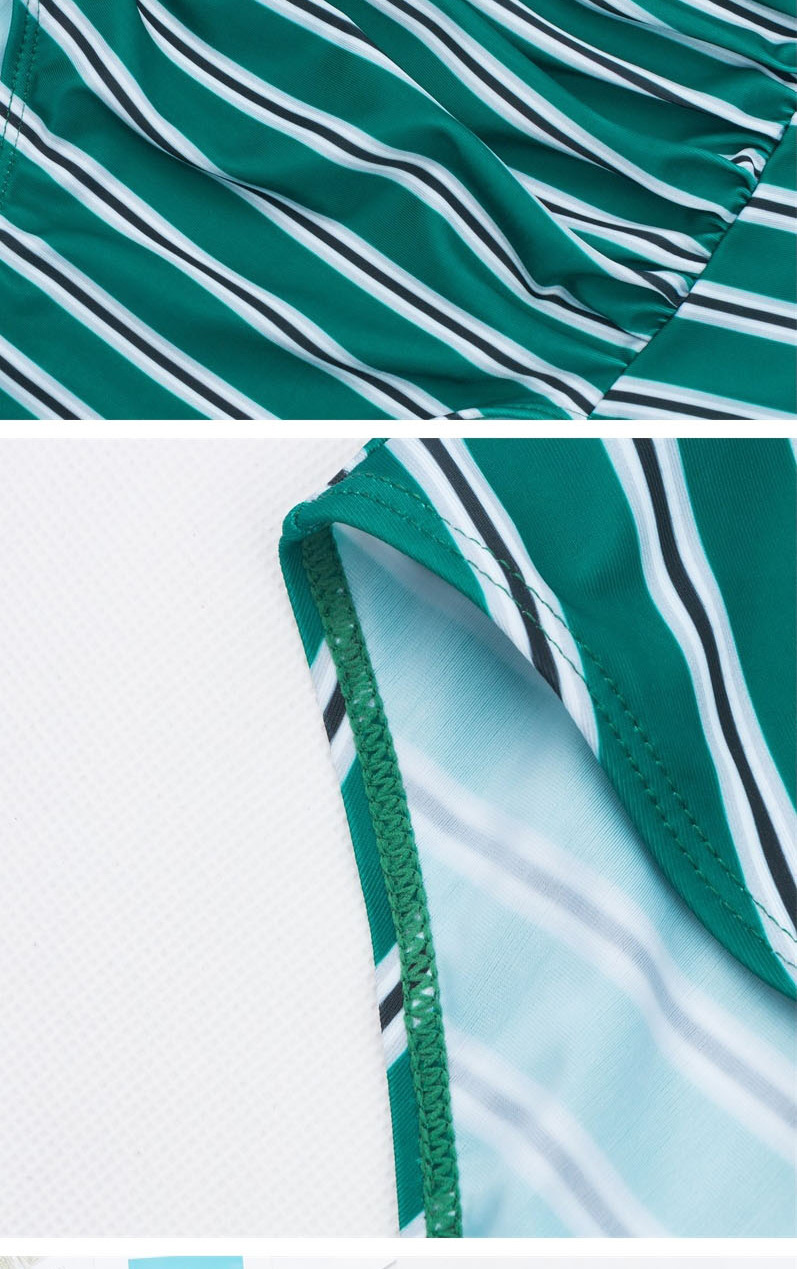Fashion Green Printed Gathered Striped Split High-waist Swimsuit,Swimwear Plus Size
