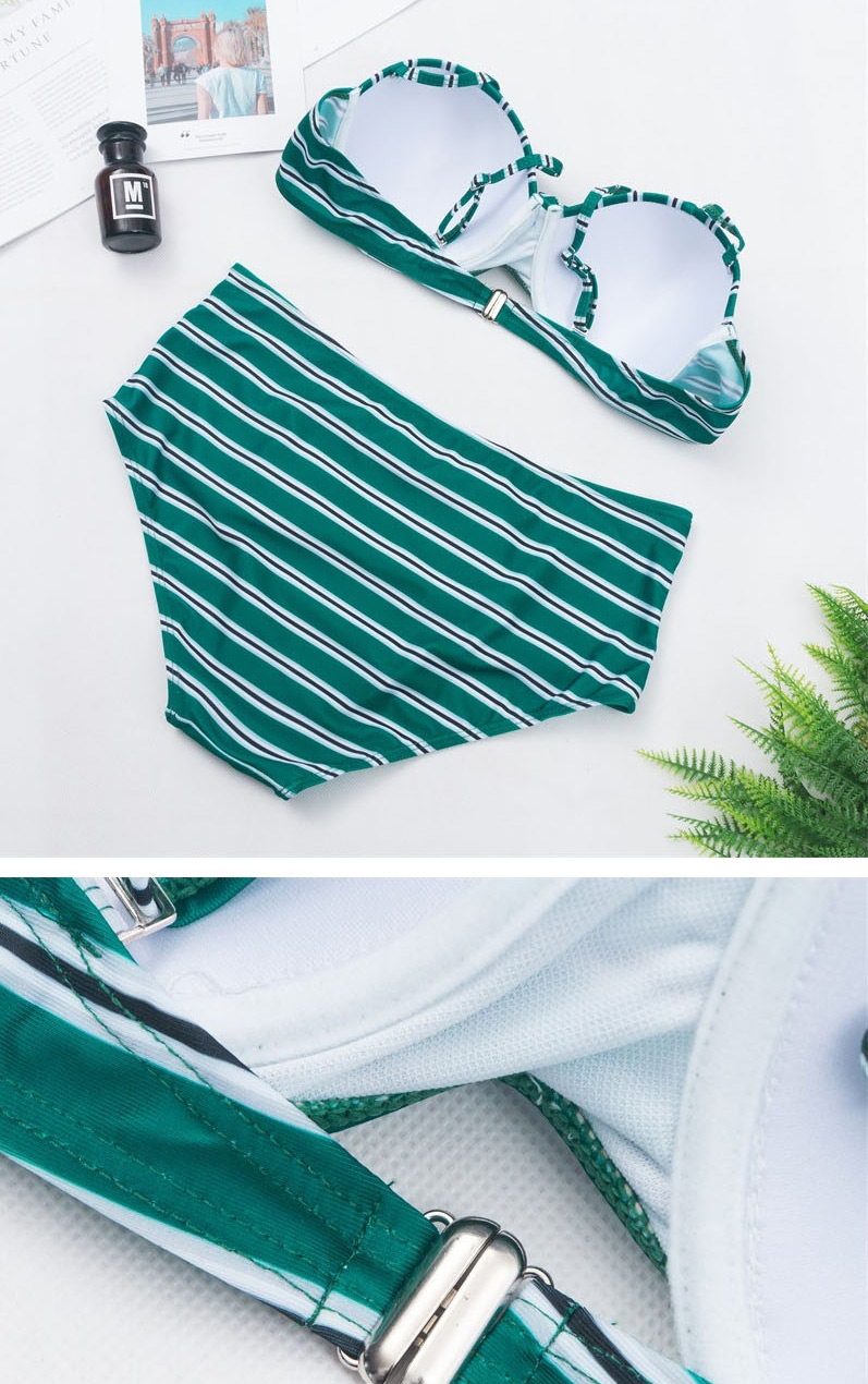 Fashion Green Printed Gathered Striped Split High-waist Swimsuit,Swimwear Plus Size