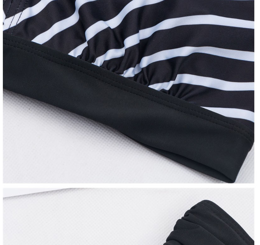 Fashion Black Striped Printed V-neck Pleated High Waist Plus Size Split Swimsuit,Swimwear Plus Size