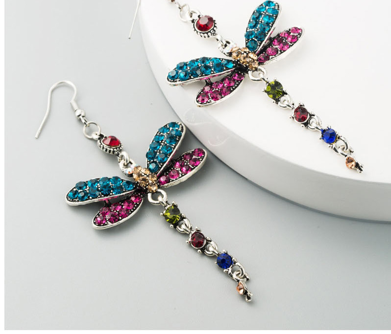Fashion Blue-green Diamond Dragonfly Long Earrings,Drop Earrings