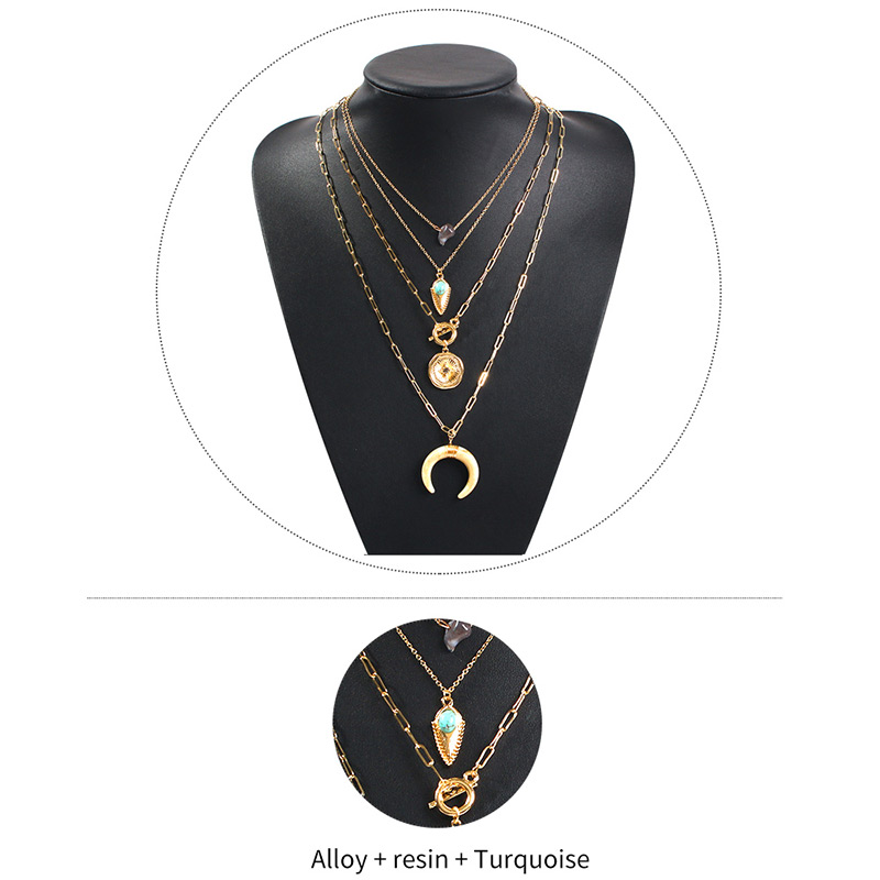 Fashion Golden Alloy Turquoise Crescent Multilayer Necklace,Multi Strand Necklaces