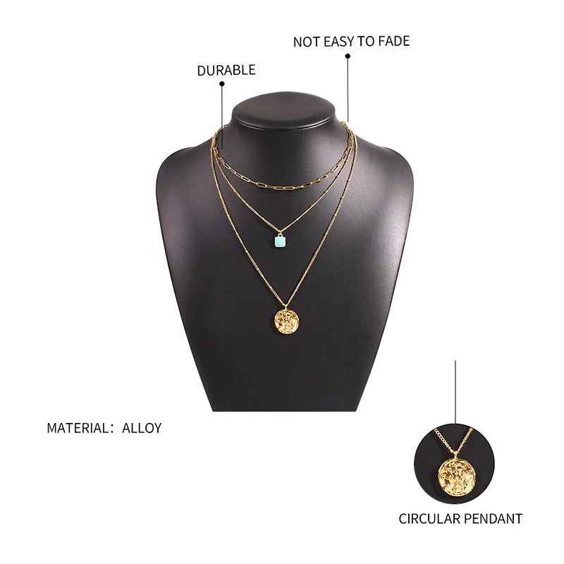 Fashion Golden Alloy Round Card Concave And Convex Multilayer Necklace,Multi Strand Necklaces