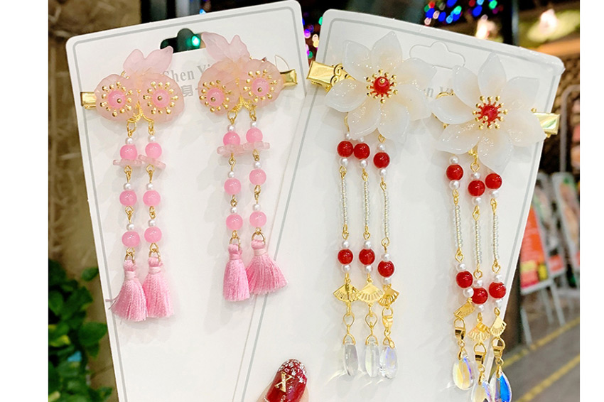 Fashion Pink Pearl Flower Mesh Resin Long Hair Card,Kids Accessories