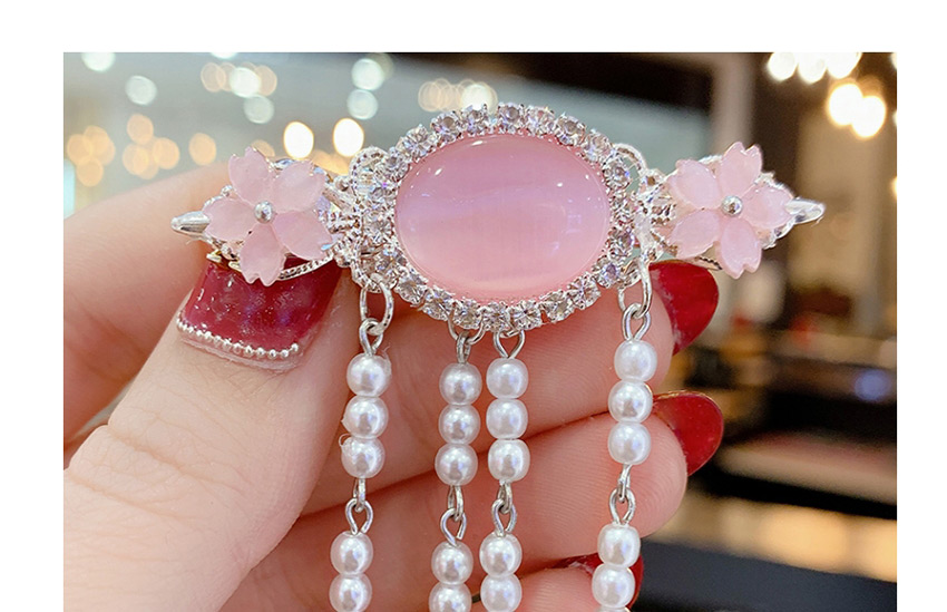 Fashion Pink 1 Pair Resin Diamond Flower Crystal Pearl Tassel Child Hair Clip,Kids Accessories