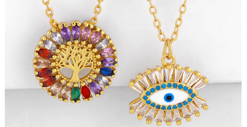 Fashion Golden Life Tree Alloy Hollow Geometric Round Necklace With Colorful Diamonds,Necklaces