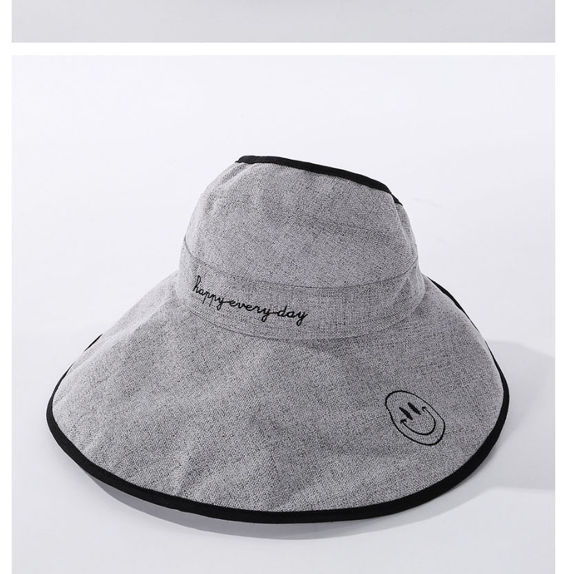 Fashion Black Cotton And Linen Embroidered Smiley Big Foldable Hat,Sun Hats