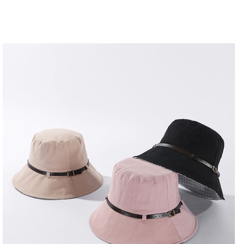 Fashion Light Pink Solid Color Leather Trimmed Plaid Fisherman Hat,Sun Hats