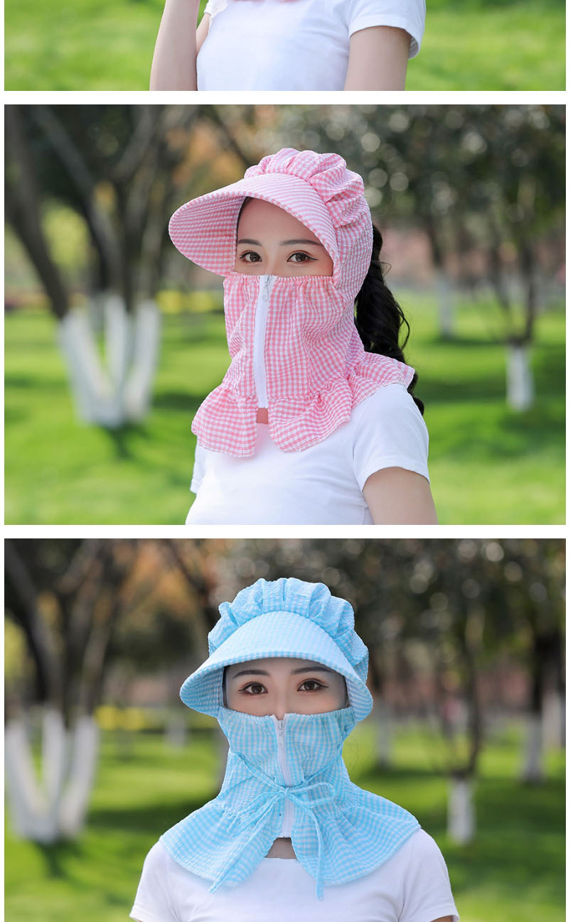 Fashion Blue Small Lattice Multifunctional Face And Neck Protection Integrated Sun Hat,Sun Hats