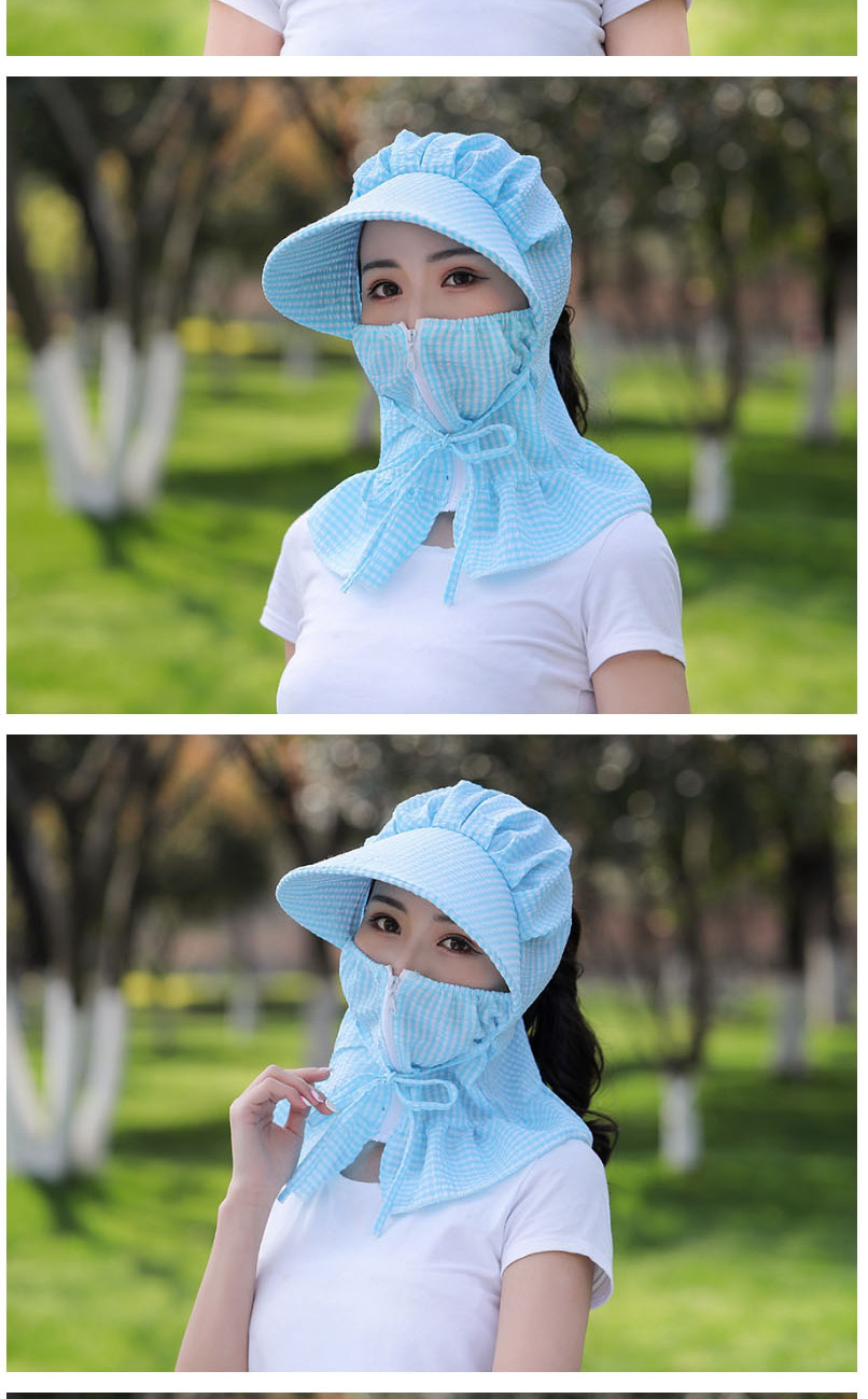 Fashion Blue Small Lattice Multifunctional Face And Neck Protection Integrated Sun Hat,Sun Hats