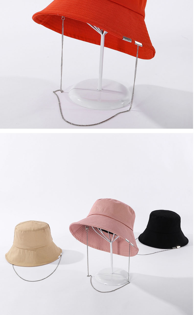 Fashion Khaki Pure Color Metal Chain Cotton Fisherman Hat,Sun Hats