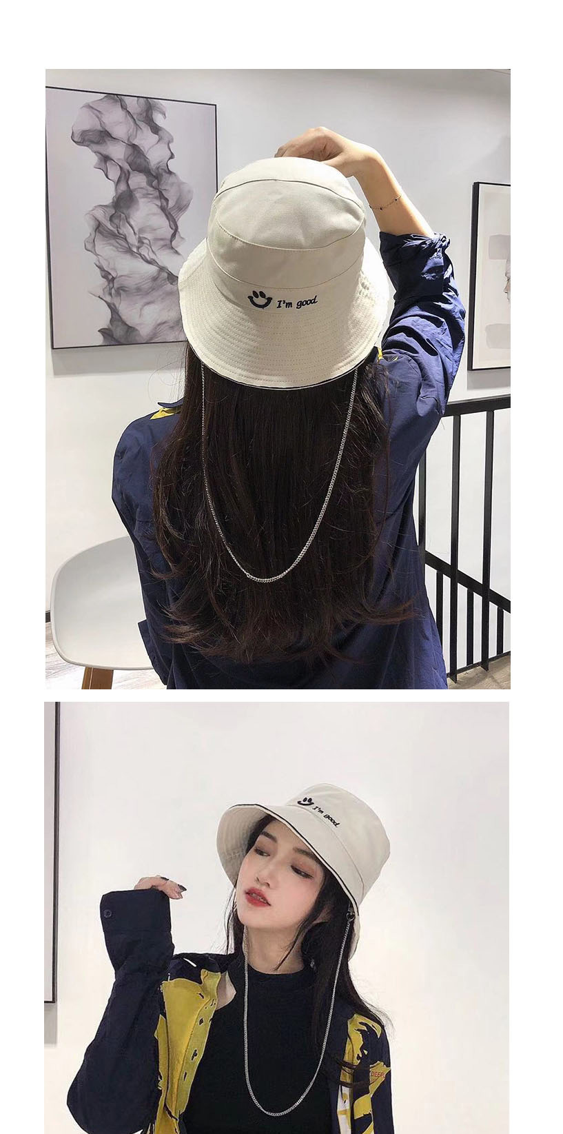 Fashion Khaki Smiley Embroidered Wide-brimmed Chain Fisherman Hat,Sun Hats