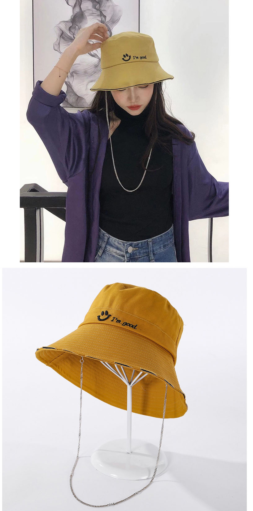 Fashion Yellow Smiley Embroidered Wide-brimmed Chain Fisherman Hat,Sun Hats