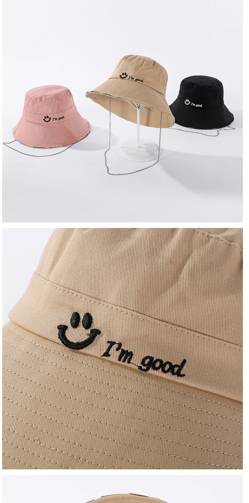 Fashion Pink Smiley Embroidered Wide-brimmed Chain Fisherman Hat,Sun Hats