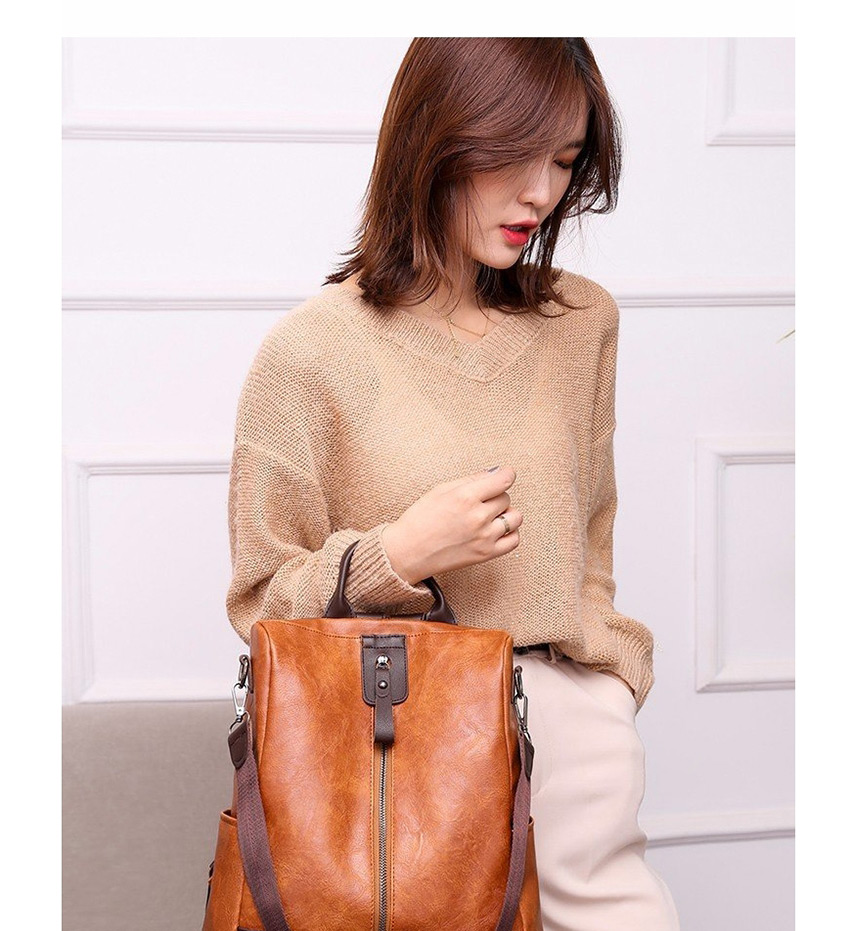Fashion Brown Multifunctional Backpack With Zipper And Contrast Stitching,Backpack