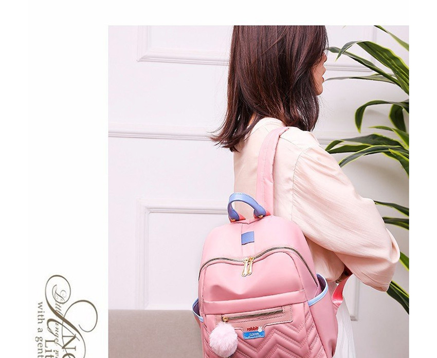 Fashion Pink Stitched Contrast Rhombic Fur Ball Backpack,Backpack