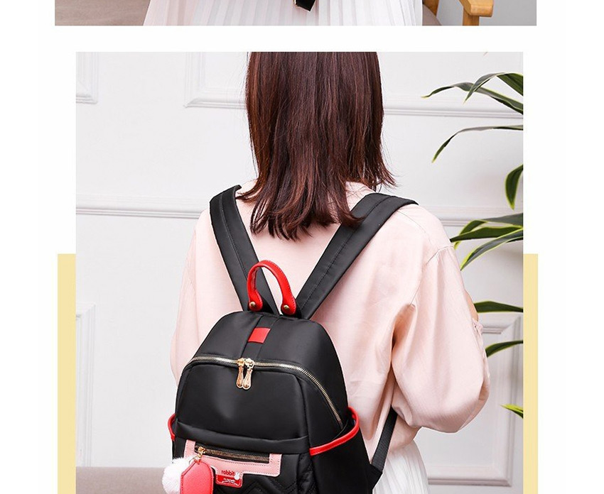 Fashion Pink Stitched Contrast Rhombic Fur Ball Backpack,Backpack