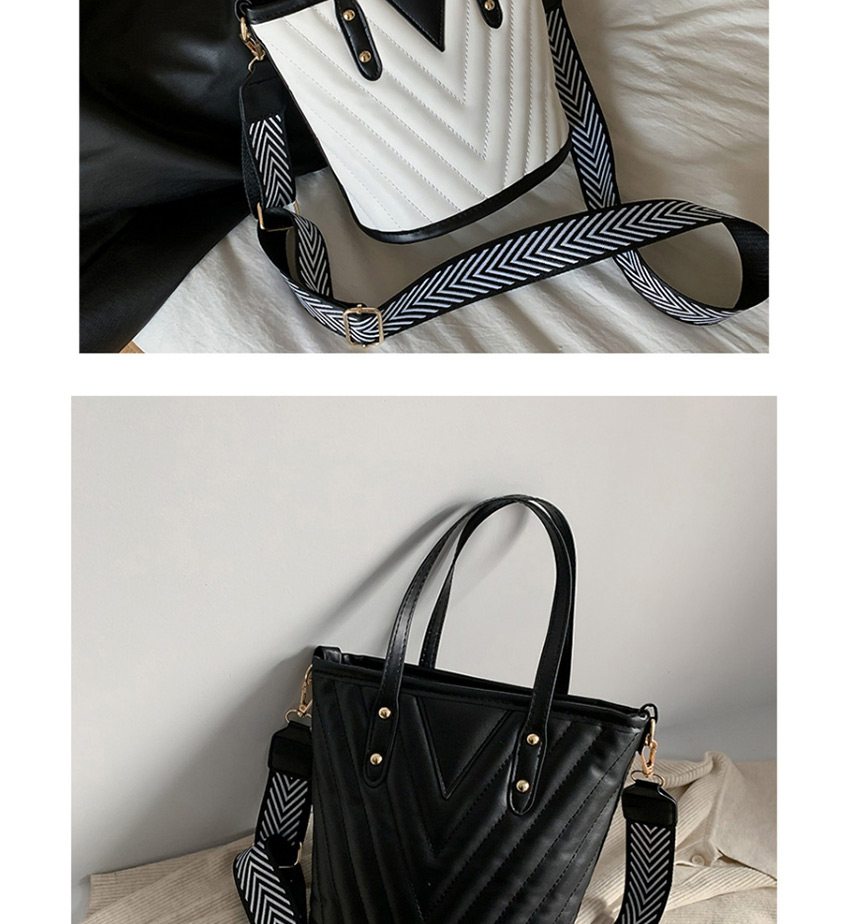 Fashion White Wide Shoulder Stitched Contrast Diamond Crossbody Bucket Bag,Handbags