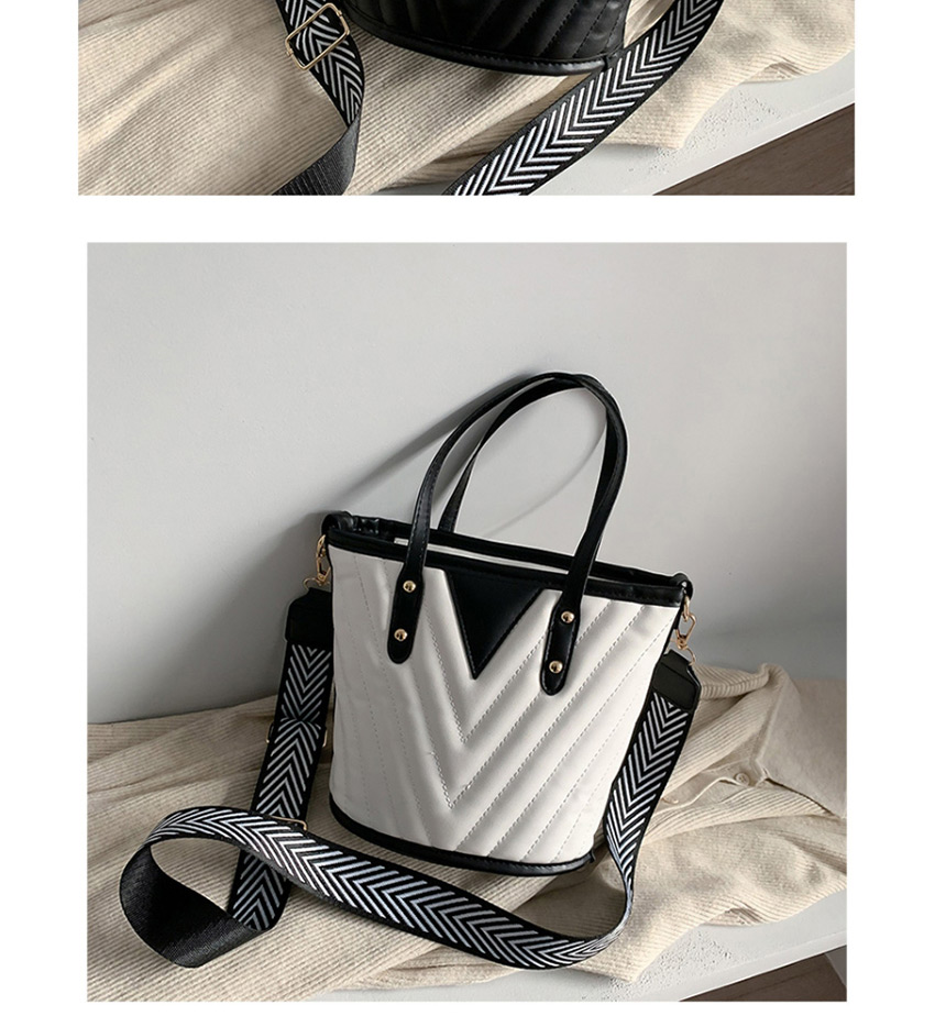 Fashion White Wide Shoulder Stitched Contrast Diamond Crossbody Bucket Bag,Handbags