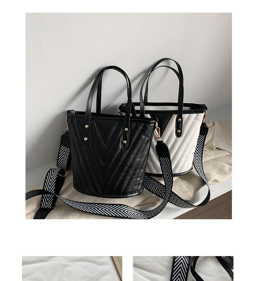Fashion Black Wide Shoulder Stitched Contrast Diamond Crossbody Bucket Bag,Handbags