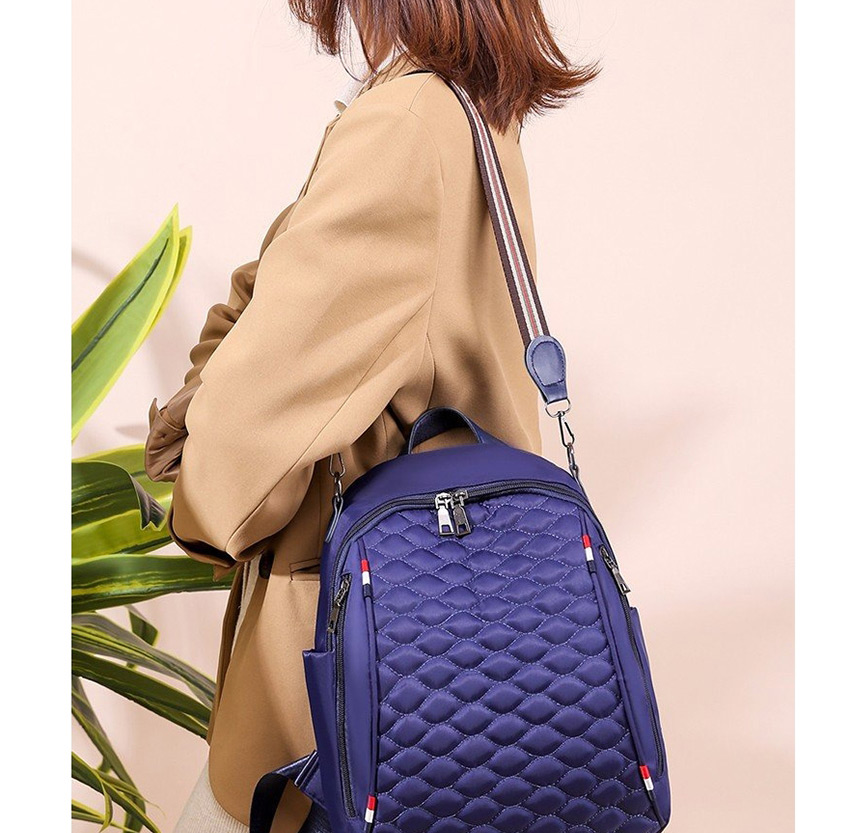 Fashion Blue Embroidered Diamond Double Zipper Backpack,Backpack