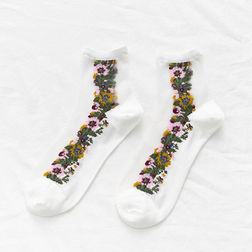 Fashion White Small Flower Transparent Glass Silk Tube Stockings,Fashion Socks