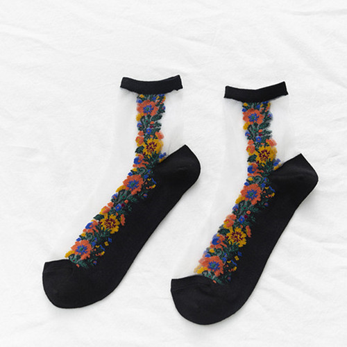 Fashion Black + Transparent Small Flower Transparent Glass Silk Tube Stockings,Fashion Socks