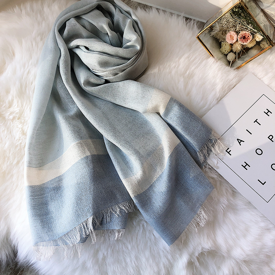 Fashion Light Blue Contrast Stitching Scarf In Loose Beard,Thin Scaves