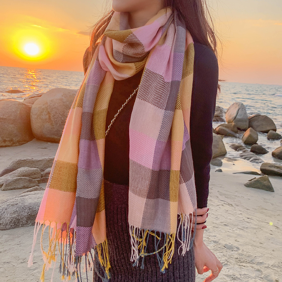 Fashion Chick Yellow Multicolored Plaid Fringe Stitching Contrast Scarf,Thin Scaves