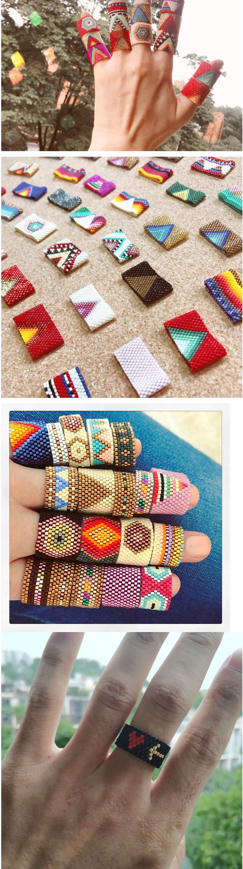 Fashion Color Mixing Beaded Woven Triangle Wide Band Ring,Fashion Rings