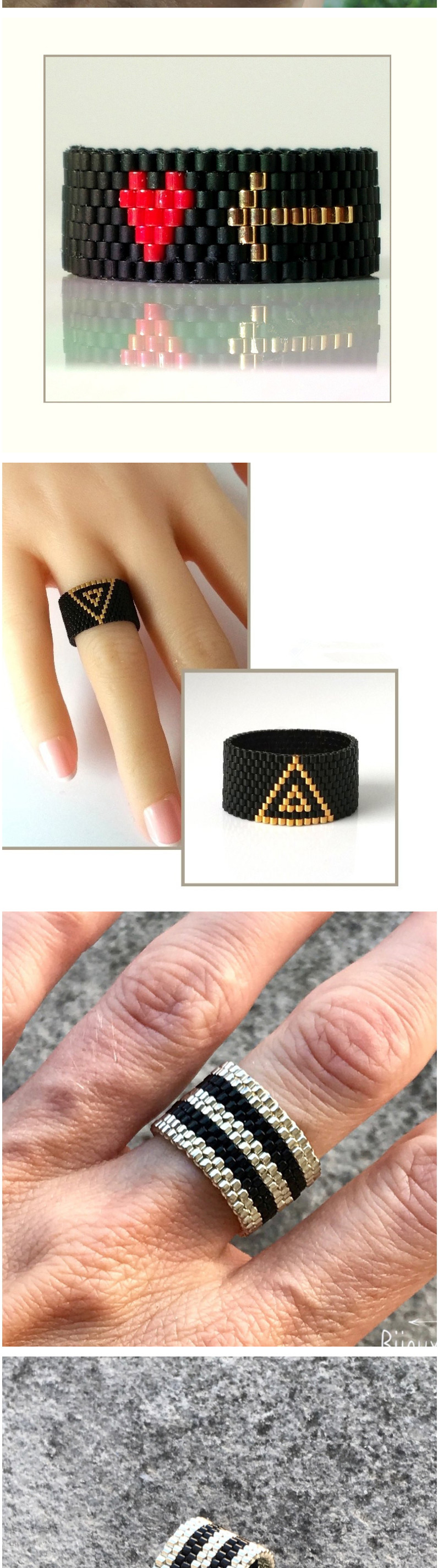 Fashion Black And White Beaded Woven Geometric Wide Edge Ring,Fashion Rings