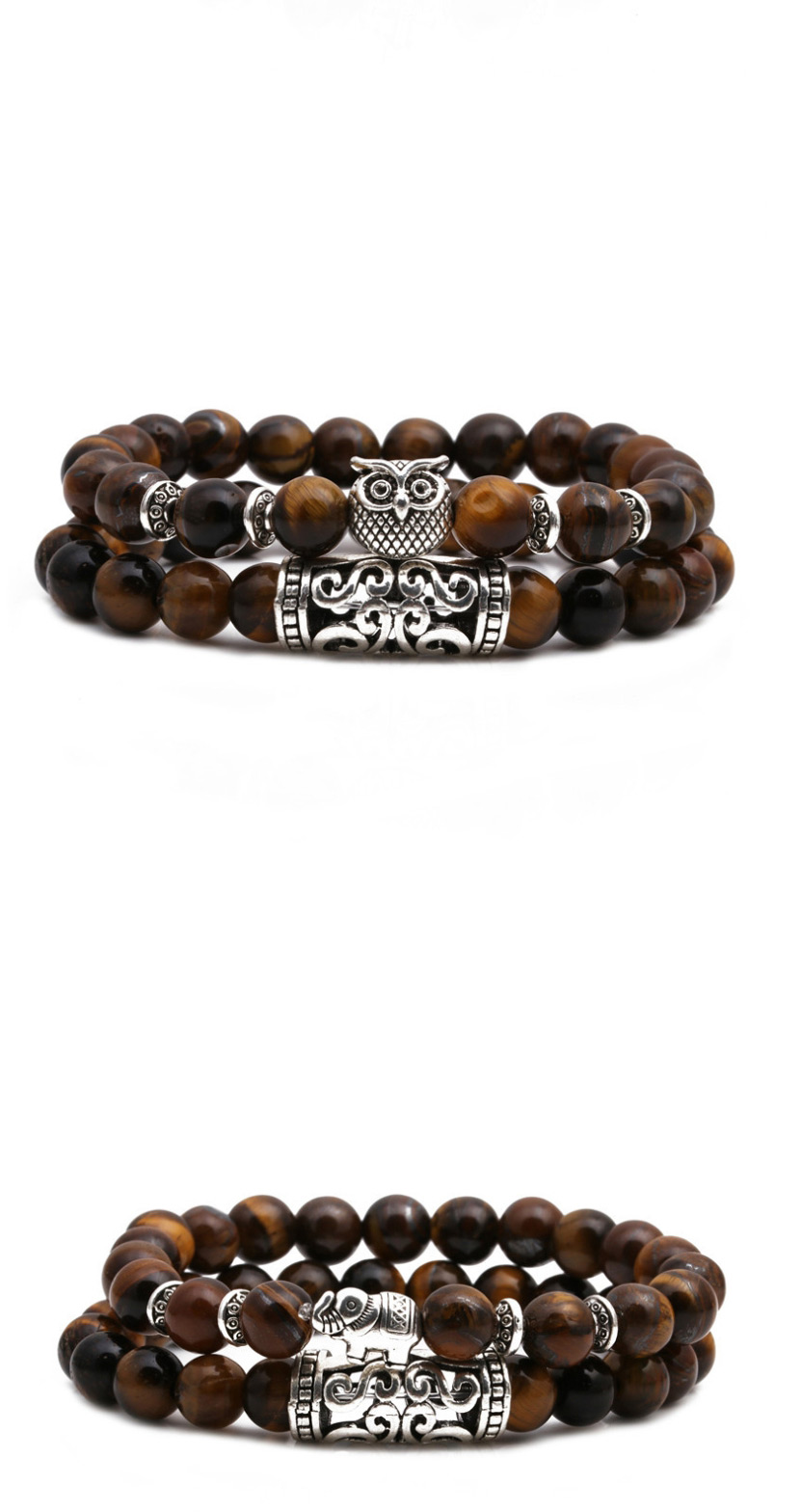 Fashion Brown Tiger Eye Stone Lion Head Bent Pipe Beaded Elastic Bracelet Set,Bracelets Set