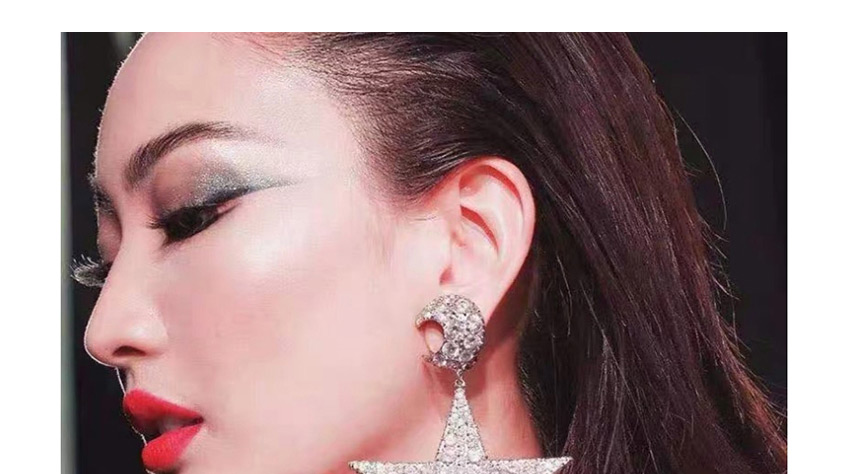 Fashion Silver Full Diamond Pentagram Moon Alloy Earrings,Drop Earrings