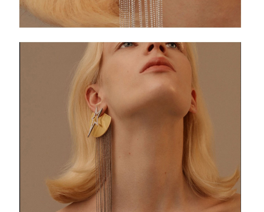 Fashion Golden Single Tassel Pentagram Chain Earrings With Diamonds,Drop Earrings