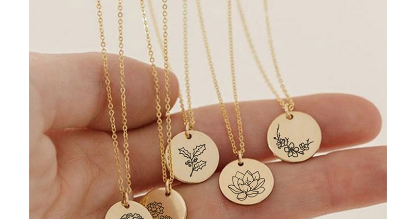 Fashion Steel Color-august (9mm) Engraved Plant Flower Stainless Steel Geometric Round Necklace,Necklaces