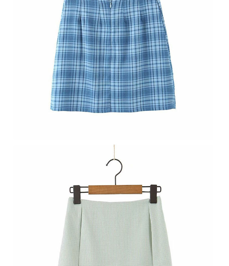 Fashion Light Blue Plaid Printed Split Skirt,Skirts