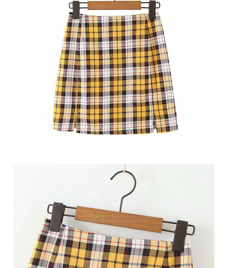 Fashion Yellow Plaid Printed Split Skirt,Skirts