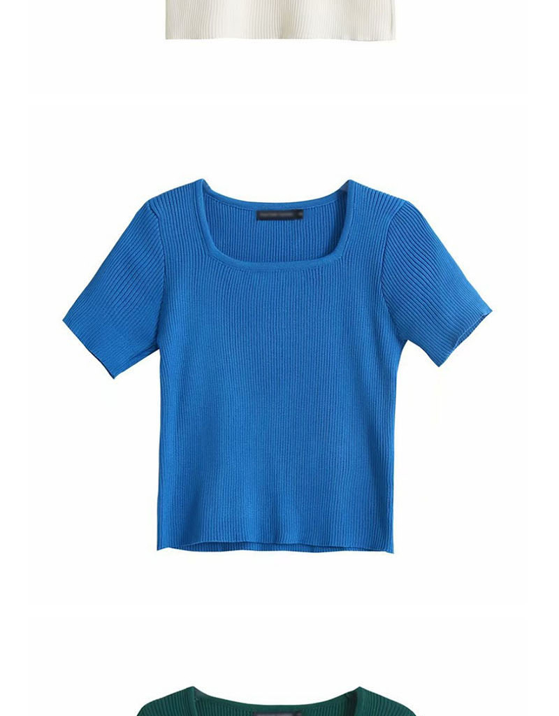 Fashion Blue Knitted Square Collar Short Sleeve T-shirt,Tank Tops & Camis