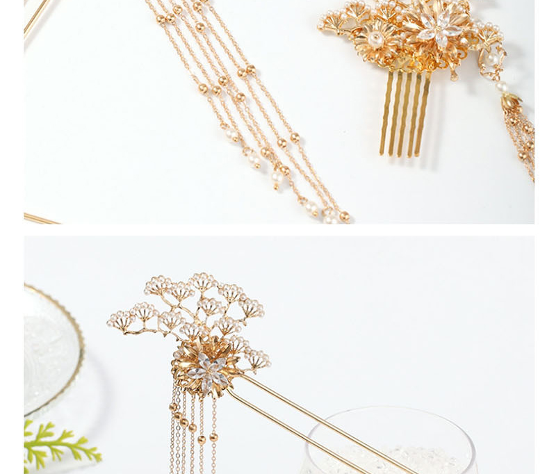Fashion Golden Pearl Flower Diamond Hair Bun Set,Hairpins