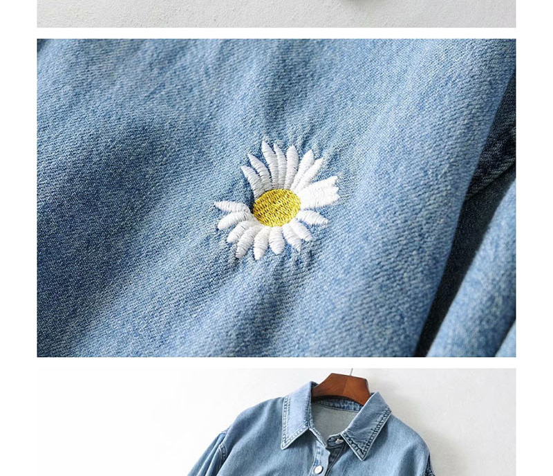 Fashion Blue Little Daisy Embroidered Washed Denim Jacket,Coat-Jacket
