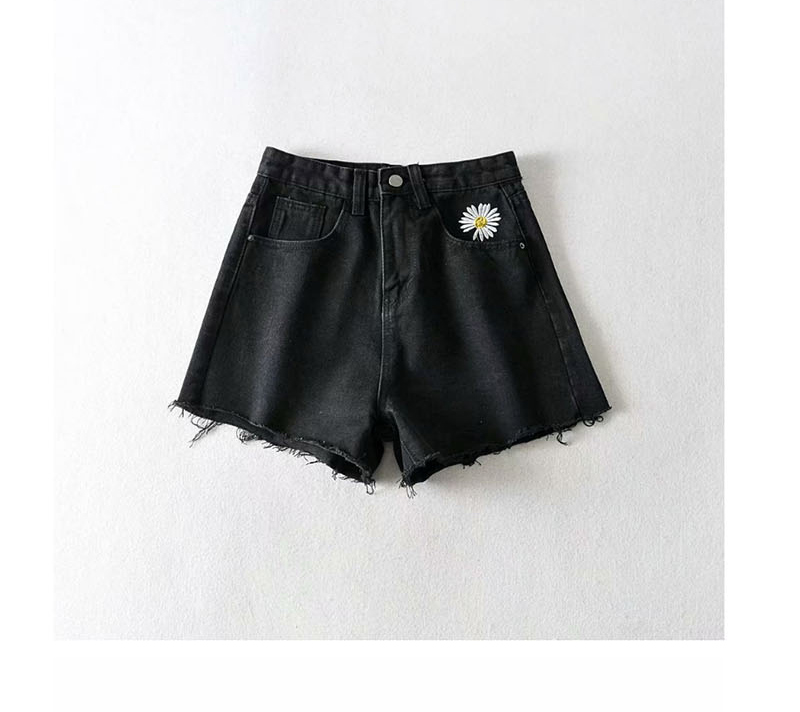 Fashion Black Chrysanthemum Embroidered Denim Shorts,Denim